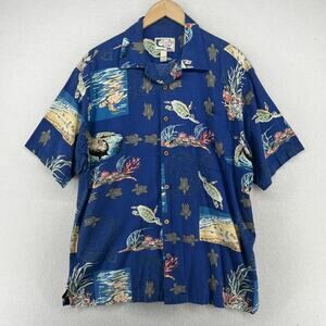 BLUE WATER Shirt Mens L Marine Life Sea Turtle Button Up Camp Hawaiian Blue USA
